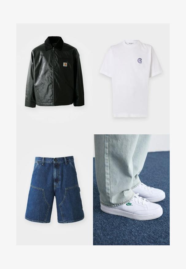 Must mustaga, läikiva materjaliga musta värvi jakk. Omab kordonilõikega kraed, kahte esikäe taskut ja väikest logo sildi rinnal.; Valge puuvillane t-särk lühikeste varrukatega, ümara kaelusega ja vasakul rinnal väike tikitud sinine "C" logo.; Tumedatesinaga mustaga pesuga teksase lühikesed püksid, millel on suured esipockets, nööbikinnitus ja nähtavad õmblused otste juures.; Valged nahast tennisetossud rohelise Nike logo ja ümarate varvastega, lamedate taldadega, koos helesiniste teksapükstega, esitatud sinisel vaibal.