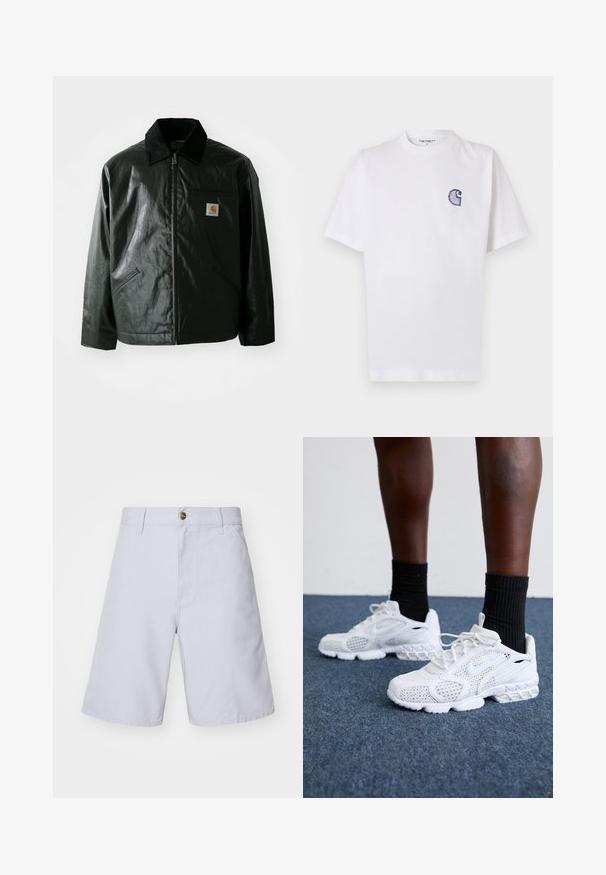 Black zip-up jacket made of smooth, shiny material. Features a corduroy collar, two front pockets, and a small logo patch on the chest.; White cotton t-shirt with short sleeves, round neckline, and a small, embroidered blue "C" logo on the left chest area.; Light blue cotton shorts with a button closure, straight cut, front pockets, and a smooth texture. No patterns or accents visible.; White athletic shoes with mesh upper, textured accents, and cushioned sole. Paired with black ribbed ankle socks on a blue carpeted surface.