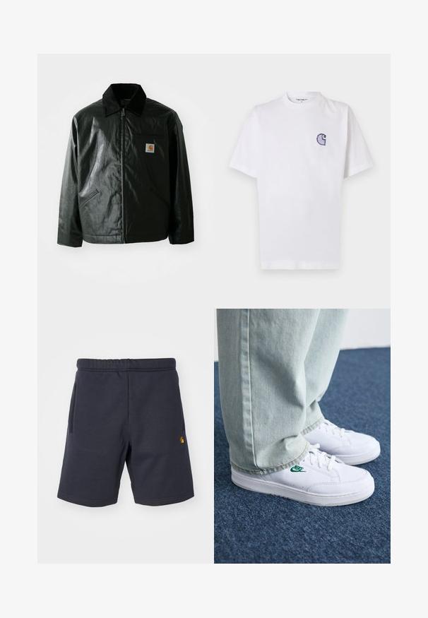 Veste noire zippée en matériau lisse et brillant. Elle dispose d'un col en velours côtelé, de deux poches avant et d'un petit écusson logo sur la poitrine.; T-shirt blanc en coton à manches courtes, col rond, avec un petit logo "C" bleu brodé sur la poitrine gauche.; Shorts en coton bleu marine avec une taille élastique, deux poches latérales et un petit logo sur la jambe gauche. Texture lisse.; Baskets en cuir blanc avec logo Nike vert, bout rond, semelle plate, associées à un pantalon en denim bleu clair, présentées sur un tapis bleu.