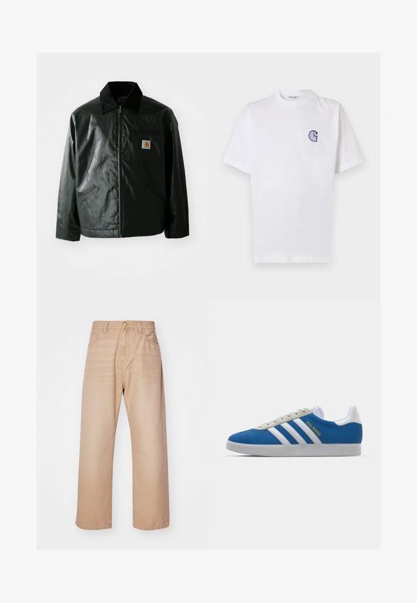 Must mustaga, läikiva materjaliga musta värvi jakk. Omab kordonilõikega kraed, kahte esikäe taskut ja väikest logo sildi rinnal.; Valge puuvillane t-särk lühikeste varrukatega, ümara kaelusega ja vasakul rinnal väike tikitud sinine "C" logo.; Beige laiad püksid, kõrge vöökoht, viie taskuga ja metallist nööbiga kinnitamine. Valmistatud siledast denimist.; adidas Originals ADIDAS GAZELLE SHOES - Saalijalgpalli saapad - real madrid/bluebird/footwear white/crew yellow