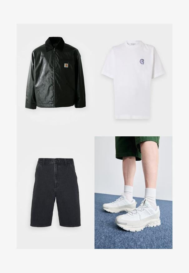 Fekete zipzáros dzseki sima, fényes anyagból. Kordbársony gallérral, két elülső zsebbel és egy kis logós felvarrással a mellkason.; Fehér pamut póló rövid ujjakkal, kerek nyakkivágással és egy kis, hímzett kék "C" logóval a bal mellrészen.; Fekete farmer rövidnadrág, egyenes szabással, gombos záródással és két oldalsó zsebbel. Félkész szegély finom kopásos részletekkel.; Fehér sportcipők texturált burkolattal, vastag talppal és szürke részletekkel. Fehér sportzoknival és zöld rövidnadrággal viselve, kék felületen.