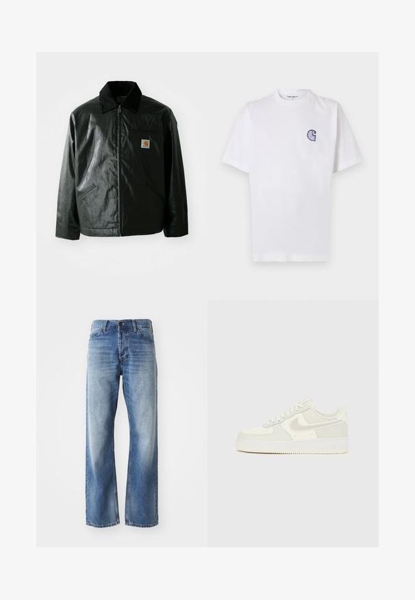 Jachetă neagră cu fermoar, confecționată dintr-un material neted și lucios. Prezintă un guler din catifea, două buzunare frontale și un mic logo brodat pe piept.; Tricou alb din bumbac, cu mâneci scurte, guler rotund și un mic logo brodat albastru "C" pe partea stângă a pieptului.; Jeans din denim albastru cu croială dreaptă, având o ușoară decolorare pe coapse și genunchi, prezentând cinci buzunare și închidere cu nasture.; Adidași albi Nike Air Force 1 cu partea superioară din piele netedă, accente gri deschis, perforații pe vârf și talpă din cauciuc texturată.