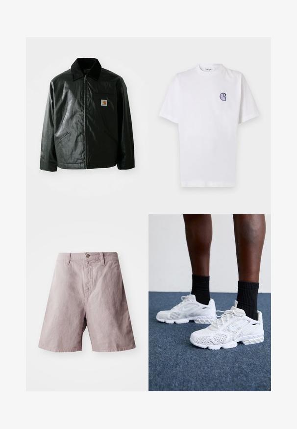 Black zip-up jacket made of smooth, shiny material. Features a corduroy collar, two front pockets, and a small logo patch on the chest.; White cotton t-shirt with short sleeves, round neckline, and a small, embroidered blue "C" logo on the left chest area.; Light purple cotton shorts with a flat waistband, front button closure, and side pockets. Smooth texture with a relaxed fit.; White athletic shoes with mesh upper, textured accents, and cushioned sole. Paired with black ribbed ankle socks on a blue carpeted surface.