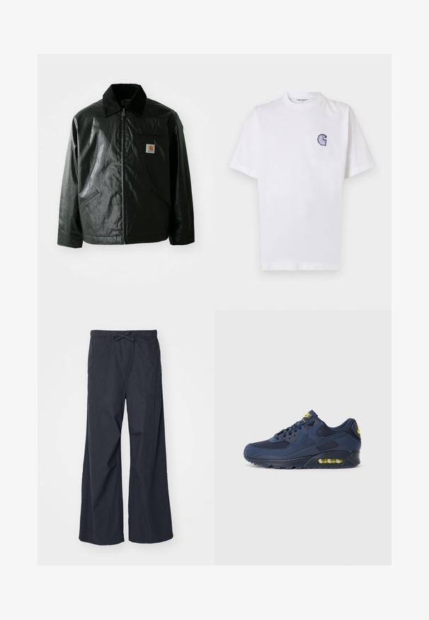 Veste noire zippée en matériau lisse et brillant. Elle dispose d'un col en velours côtelé, de deux poches avant et d'un petit écusson logo sur la poitrine.; T-shirt blanc en coton à manches courtes, col rond, avec un petit logo "C" bleu brodé sur la poitrine gauche.; Pantalons larges en tissu noir uni, avec une taille élastique dotée d'un cordon de serrage et deux poches latérales. Texture lisse et design décontracté.; Baskets Nike Air Max bleu marine avec une tige en suède et en maille, présentant des accents jaunes, un devant à lacets et un partiellement visible amorti d'air dans la semelle.