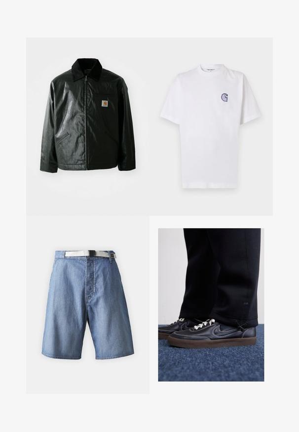 Melnā zip-up jaka, izgatavota no gludas, spīdīgas materiāla. Ir korduroja apkakle, divas priekšējās kabatas un neliela logo placdarma uz krūtīm.; Balts kokvilnas T-krekls ar īsām piedurknēm, apaļu kakla izgriezumu un nelielu izšūtu zilu "C" logotipu kreisajā krūšu daļā.; Gai zilu džinsu šorti ar baltu jostu un melnu sprādzi, ar šuvju detaļām un brīvu piegriezumu.; Nike Sportswear KILLSHOT 2 LTR PRM OPP2 - Treniņu apavi - black sail baroque brown mtlc dk grey