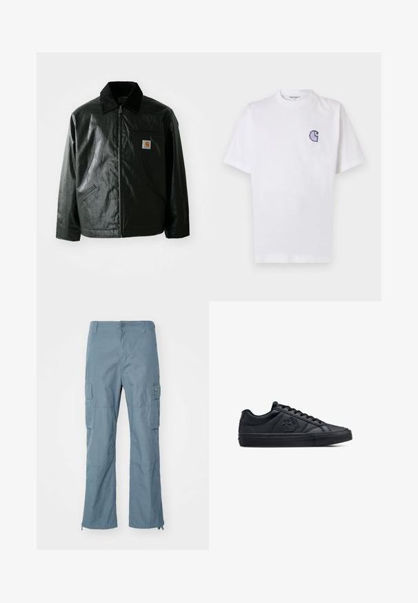 Zwarte ritssluiting jas van glad, glanzend materiaal. Heeft een corduroy kraag, twee voorzakken en een klein logo label op de borst.; Wit katoenen T-shirt met korte mouwen, ronde hals en een klein, geborduurd blauw "C"-logo op het linker borstgebied.; Lichtblauwe cargobroek van duurzaam materiaal. Kenmerken zijn onder andere cargozakken, een met rits afsluitbare broekspijp en een knoopsluiting.; Zwarte low-top sneakers van glad leer met een gestructureerde rubberen zool, voorzien van ronde veters en een sterrenlogo aan de zijkant.