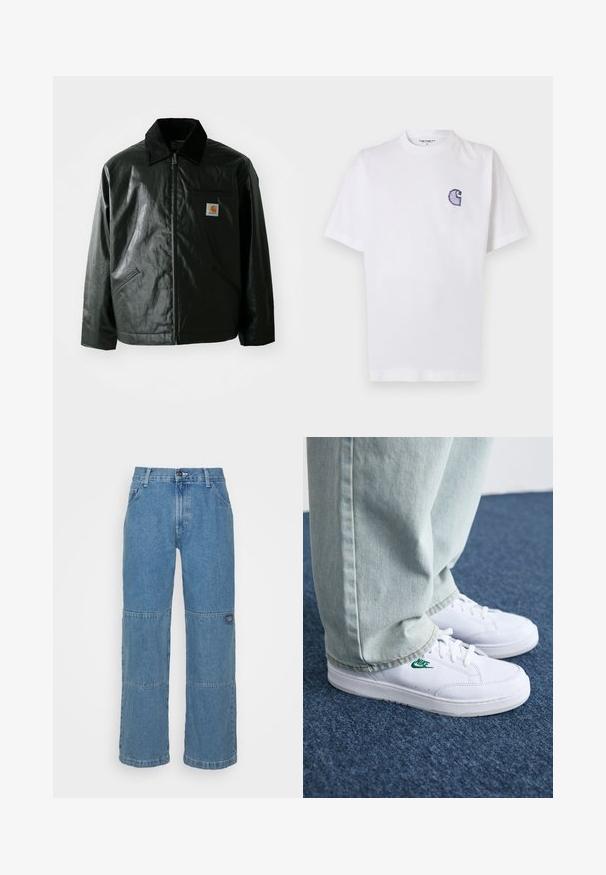 Svart zip-up jacka gjord av slätt, glänsande material. Har en manchesterkrage, två framfickor och en liten logotyp på bröstet.; Vitt bomullst-shirt med korta ärmar, rund halsringning och en liten, broderad blå "C"-logga på vänster bröst.; Ljusblå denimjeans med avslappnad passform, dekorerade med lapptäckspaneler, knäppning med översta knapp, fem fickor och diskret branding på benet.; Vita lädersneakers med grön Nike-logga, rund tå, platt sula, kombinerade med ljusblå denimbyxor, visade på en blå matta.