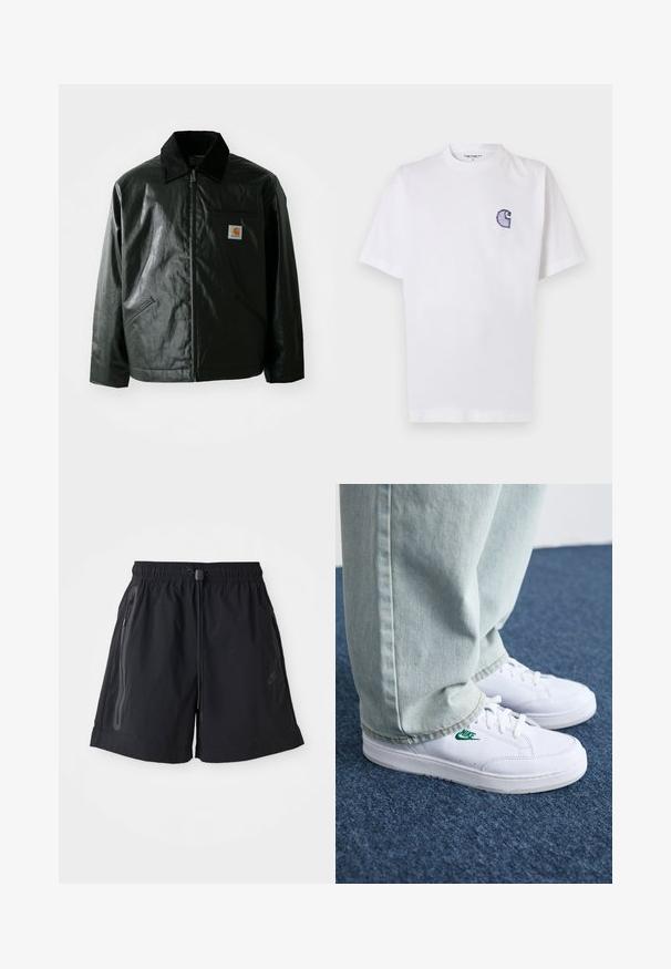 Casaco preto com fecho éclair, feito de material liso e brilhante. Apresenta um colarinho de veludo, dois bolsos frontais e um pequeno emblema no peito.; T-shirt branca de algodão com mangas curtas, decote redondo e um pequeno logotipo azul "C" bordado no lado esquerdo do peito.; Calções pretos com um cós elástico, cordão ajustável e dois bolsos laterais com fecho. Apresentam um tecido suave e um detalhe discreto com o logótipo.; Tênis de couro brancos com logo verde da Nike, bico redondo, sola plana, combinados com calças de denim azul claro, exibidos sobre um tapete azul.