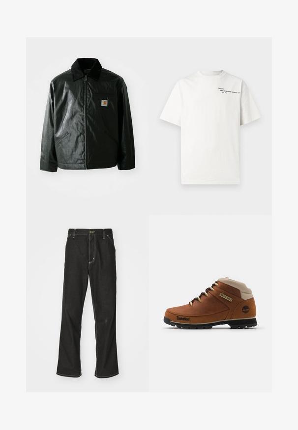 Svart zip-up jakke laget av jevnt, blankt materiale. Har en kordfløyelskrage, to frontlommer og en liten logo-lapp på brystet.; Hvit t-skjorte i bomull med korte ermer, rund hals og svart trykt tekst på brystet med påskriften "Carhartt Work in Progress 1989."; Svarte denimbukser med løs passform, med kontrastfylt hvit søm, knappelukking og rett ben-design.; Brune lærstøvler til vandreture med en beige krave, sort gummisål og gyldne snørehuller. Har et Timberland-logo på siden.