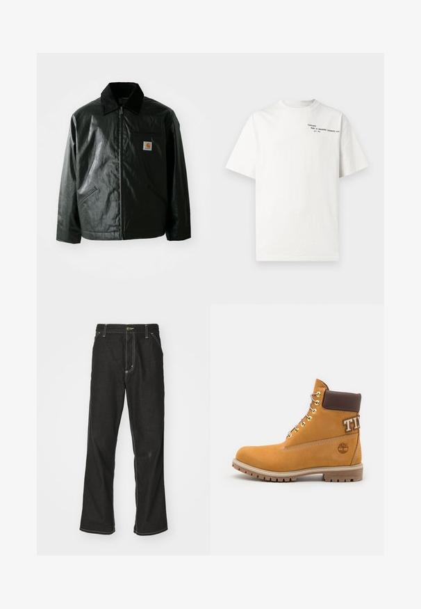 Fekete zipzáros dzseki sima, fényes anyagból. Kordbársony gallérral, két elülső zsebbel és egy kis logós felvarrással a mellkason.; Fehér pamut rövid ujjú póló környakú kivitelben, a mellkason fekete nyomtatott szöveggel: "Carhartt Work in Progress 1989."; Fekete farmernadrág laza szabással, kontrasztos fehér varrással, gombos záródással és egyenes lábmegoldással.; Timberland Fűzős bokacsizmák - wheat/beige