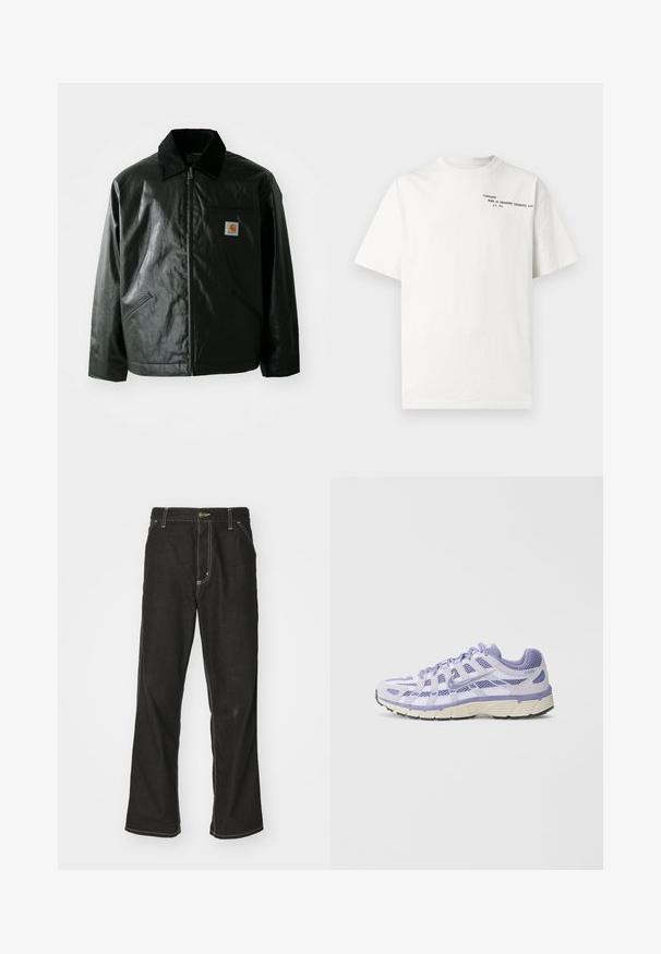 Svart zip-up jakke laget av jevnt, blankt materiale. Har en kordfløyelskrage, to frontlommer og en liten logo-lapp på brystet.; Hvit t-skjorte i bomull med korte ermer, rund hals og svart trykt tekst på brystet med påskriften "Carhartt Work in Progress 1989."; Svarte denimbukser med løs passform, med kontrastfylt hvit søm, knappelukking og rett ben-design.; Lyselilla treningssko med mesh- og semsket lærmaterialer, med en teksturert overflate, forsterket tå og svart gummisåle.