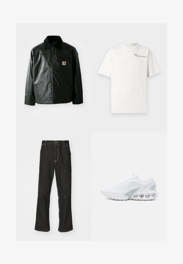 Svart zip-up jakke laget av jevnt, blankt materiale. Har en kordfløyelskrage, to frontlommer og en liten logo-lapp på brystet.; Hvit t-skjorte i bomull med korte ermer, rund hals og svart trykt tekst på brystet med påskriften "Carhartt Work in Progress 1989."; Svarte denimbukser med løs passform, med kontrastfylt hvit søm, knappelukking og rett ben-design.; Hvit mesh sneakers med grå detaljer, rund tå og synlig polstret såle med sirkulære luftlommer og merkevaredetalj.