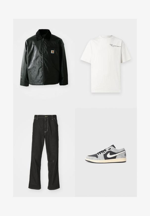 Svart zip-up jakke laget av jevnt, blankt materiale. Har en kordfløyelskrage, to frontlommer og en liten logo-lapp på brystet.; Hvit t-skjorte i bomull med korte ermer, rund hals og svart trykt tekst på brystet med påskriften "Carhartt Work in Progress 1989."; Svarte denimbukser med løs passform, med kontrastfylt hvit søm, knappelukking og rett ben-design.; Nike Air Jordan 1 Low i grå og sort semsket skinn med hvite detaljer. Har en polstret såle og klassisk Nike swoosh-logo.