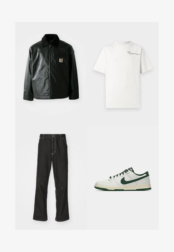 Black zip-up jacket made of smooth, shiny material. Features a corduroy collar, two front pockets, and a small logo patch on the chest.; White cotton t-shirt with short sleeves, crew neckline, and black printed text on the chest reading "Carhartt Work in Progress 1989."; Black denim jeans with a loose fit, featuring contrasting white stitching, a button closure, and a straight leg design.; White low-top sneaker with dark green Nike swoosh, laces, and sole accents, shown in profile on a plain white background.