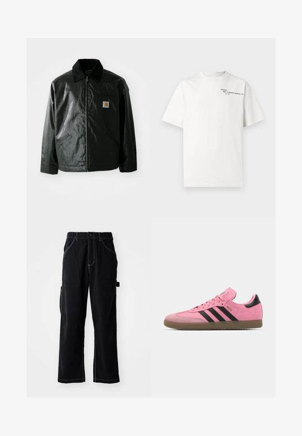 Melnā zip-up jaka, izgatavota no gludas, spīdīgas materiāla. Ir korduroja apkakle, divas priekšējās kabatas un neliela logo placdarma uz krūtīm.; Balts kokvilnas T-krekls ar īsām piedurknēm, apaļu kakla izgriezumu un melnu uzdrukātu tekstu uz krūtīm: "Carhartt Work in Progress 1989."; Melnas cargo bikses ar brīvu piegriezumu, ar auklu jostasvietā, sānu kabatām un kontrastējošām baltām dūriena detaļām.; Citronu rozā sporta apavi ar melnām svītrām un akcentiem. To sfera ir tekstūru augšdaļa, apaļa purngala forma un gumijas zole. Labošanas sistēma ar mīkstu mēli.