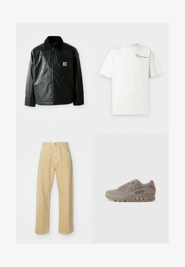 Čierna bundu na zips vyrobenú z hladkého, lesklého materiálu. Obsahuje kordový golier, dve predné vrecká a malú nášivku s logom na hrudi.; Biele bavlnené tričko s krátkymi rukávmi, okrúhlym výstrihom a čiernym tlačeným textom na hrudi, ktorý znie "Carhartt Work in Progress 1989."; Krémové riflové nohavice so rovnými nohavicami, s piatimi vreckami, zapínaním na gombík a čistým zakončením. Mäkka textúra.; Nike Air Max tenisky vo svetlo hnedej farbe, vyrobené z koženého materiálu, s textúrovanými prekrytiami, ružovými akcentmi a viditeľným vzduchovým odpružením v podrážke.