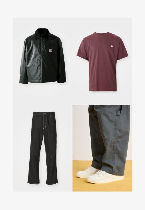 Svart zip-up jacka gjord av slätt, glänsande material. Har en manchesterkrage, två framfickor och en liten logotyp på bröstet.; Burgundy bomull t-shirt med korta ärmar, rund halsringning och en liten vit logotyp på vänster bröst. Slät textur, avslappnad passform.; Svarta denimjeans med en lös passform, med kontrasterande vita sömmar, knäppning och raka ben.; Jordan JORDAN STADIUM 90 - Sneakers - sail/sandstone/cream/coconut milk/olive khaki