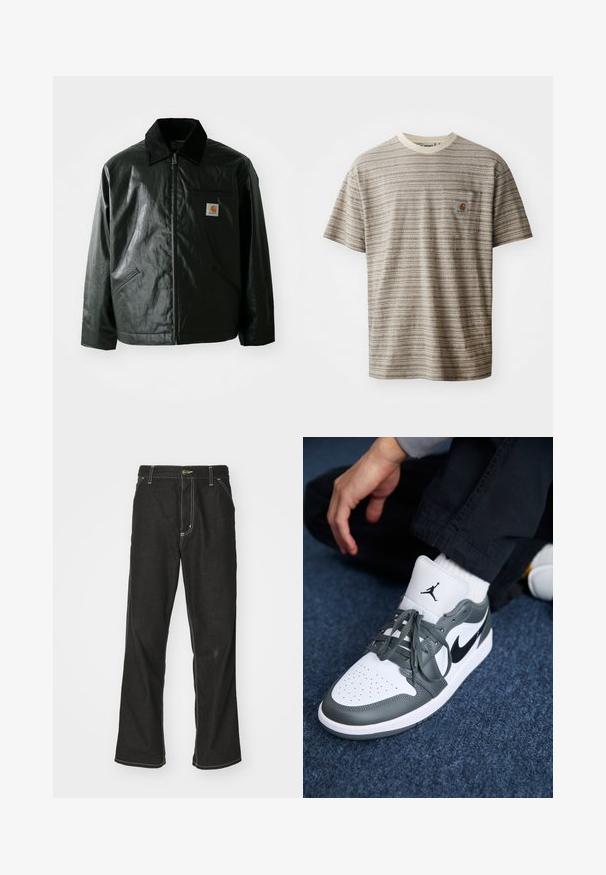 Črna jakna na zadrgo, izdelana iz gladkega, sijočega materiala. Ima žametni ovratnik, dva sprednja žepa in majhno oznako logotipa na prsih.; Majica s kratkimi rokavi v bež in rjavi črtasti vzorec, z okroglim izrezom in žepom na prsih s logotipom. Teksturirana tkanina.; Črne jeans hlače ohlapenega kroja, ki imajo kontrastno belo šivanje, zapiranje na gumb in ravno nogavico.; Tenis Nike Air Jordan 1 v usnjeni kombinaciji bele in sive, z značko v črni barvi, perforiranim prstom in ravnimi sivimi vezalkami.