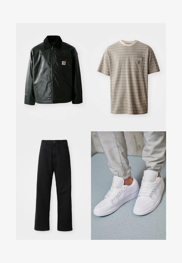 Must mustaga, läikiva materjaliga musta värvi jakk. Omab kordonilõikega kraed, kahte esikäe taskut ja väikest logo sildi rinnal.; Lühikeste varrukatega triibuline t-särk beežikaspruuni värviga, millel on ümmargune kaelus ja rinnatasku logoga. Tekstuuriga kangas.; Mustadest denimist püksid sirge lõikega, mis sisaldavad ees taskuid, lukufliisi ja ühte ülemist nööpi. Tekstureeritud kangas mati viimistlusega.; Valged nahast tossud sisaldavad perforatsiooni varvaste osas, lame nöörid, pehmendatud kaelus ja Jordani logo keelega. Kanda hallide spordipükstega.