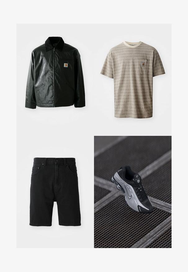 Veste noire zippée en matériau lisse et brillant. Elle dispose d'un col en velours côtelé, de deux poches avant et d'un petit écusson logo sur la poitrine.; T-shirt à manches courtes rayé en beige et marron, doté d'un col rond et d'une poche poitrine avec un écusson logo. Tissu texturé.; Shorts en denim noir avec une coupe droite, un design à cinq poches, fermeture à bouton à l'avant et ourlet retroussé. Texture lisse sans motifs visibles.; Chaussure de sport Nike avec un design noir et argenté. Fabriquée en matériau synthétique avec des accents en maille et une semelle de soutien avec un amorti à air visible.