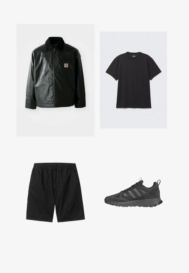 Giacca nera con zip realizzata in materiale liscio e lucido. Presenta un colletto in corduroy, due tasche frontali e una piccola patch con logo sul petto.; T-shirt nero a maniche corte in cotone. Presenta un collo a giro e una vestibilità comoda. Design semplice senza motivi o dettagli visibili.; Pantaloni corti neri con elastico in vita, tasche laterali e taglio dritto. Realizzati in un tessuto leggero con una superficie liscia.; Scarpe da atletica nere con tomaia in mesh e suede, suola in gomma testurizzata, collare imbottito e un distintivo design a tre strisce grigie.