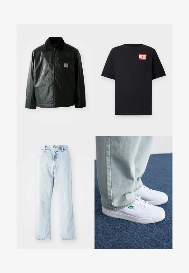 Must mustaga, läikiva materjaliga musta värvi jakk. Omab kordonilõikega kraed, kahte esikäe taskut ja väikest logo sildi rinnal.; Must musta t-särk, millel on lühikesed varrukad, valmistatud puuvillast. Vasakul rinnaosal on punase ja valge graafilise logo pilt. Klassikaline ümmargune kaelus.; Siled sinine teksapüksid sirge jalaga, kõrge vöökohaga, viie taskuga ja nööbiga kinnitusega. Kogu ulatuses pleekinud tekstuur.; Valged nahast tennisetossud rohelise Nike logo ja ümarate varvastega, lamedate taldadega, koos helesiniste teksapükstega, esitatud sinisel vaibal.