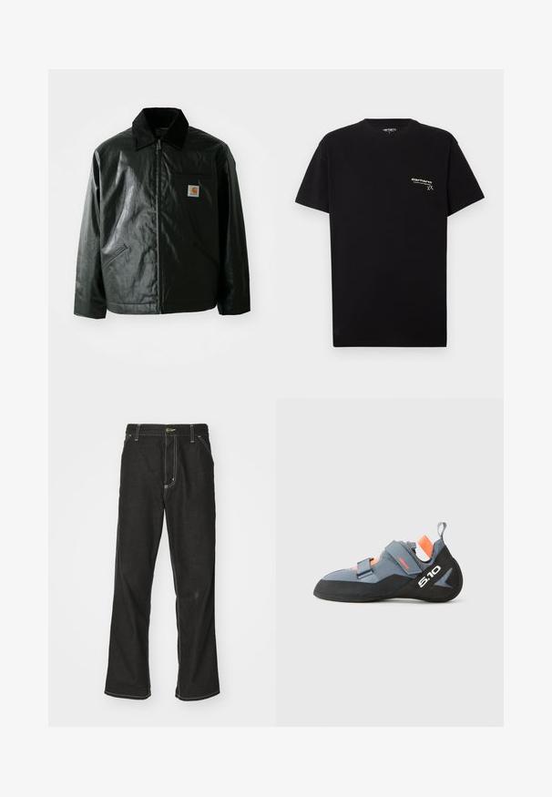 Μαύρο μπουφάν με φερμουάρ, φτιαγμένο από λείο, γυαλιστερό υλικό. Διαθέτει κοτλέ γιακά, δύο μπροστινές τσέπες και μια μικρή ετικέτα λογότυπου στο στήθος.; Μαύρο βαμβακερό T-shirt με κοντά μανίκια, στρογγυλή λαιμόκοψη και ένα μικρό λευκό λογότυπο τυπωμένο στην αριστερή περιοχή του στήθους.; Μαύρα τζιν παντελόνια με χαλαρή εφαρμογή, που διαθέτουν λευκές ραφές σε αντίθεση, κλείσιμο με κουμπί και ίσια γραμμή.; Αναρριχητικό παπούτσι με γκρι συνθετικό πάνω μέρος, μαύρη καουτσούκ σόλα και πορτοκαλί λεπτομέρειες. Διαθέτει διπλές βέλκρο ιμάντες και ενισχυμένη φτέρνα.
