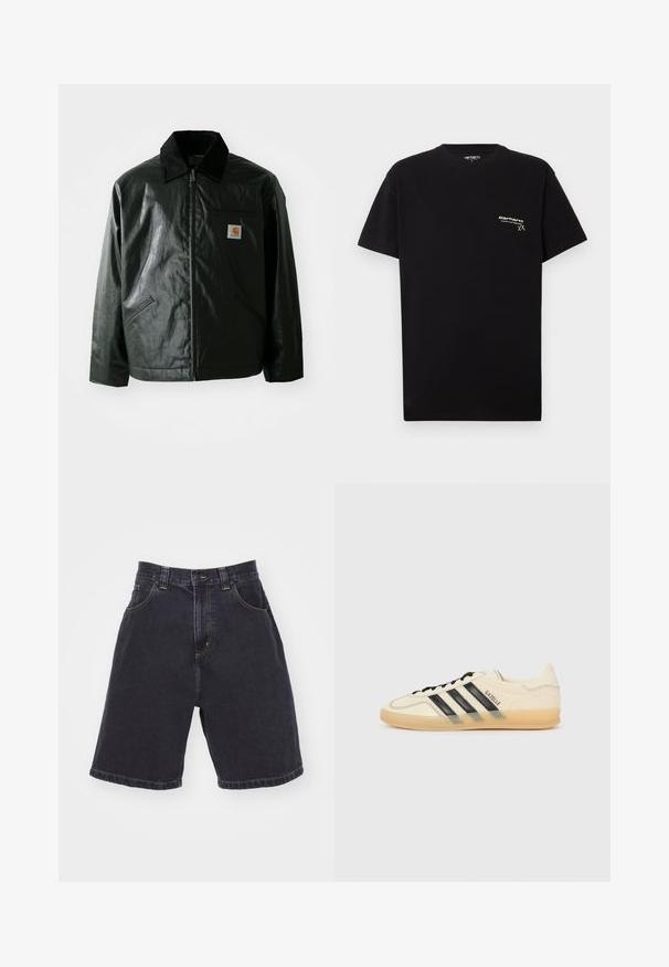 Czarna kurtka zapinana na zamek, wykonana z gładkiego, błyszczącego materiału. Posiada kołnierz z kordurowej tkaniny, dwie przednie kieszenie oraz małą naszywkę z logo na klatce piersiowej.; Czarna bawełniana koszulka z krótkim rękawem, okrągłym dekoltem i małym białym logo nadrukowanym na lewej części klatki piersiowej.; Ciemne dżinsowe szorty z wysokim stanem, wyposażone w dwie przednie kieszenie, kontrastowe żółte przeszycia oraz prosty krój z wykończeniem w postaci podwinięcia.; Jasna kremowa sneakersy z czarnym wzorem trzech pasków, teksturowana cholewka, okrągły nosek i gumowa podeszwa. Posiada sznurówki i logo po boku.