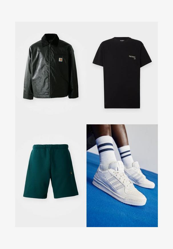 Zwarte ritssluiting jas van glad, glanzend materiaal. Heeft een corduroy kraag, twee voorzakken en een klein logo label op de borst.; Zwarte katoenen T-shirt met korte mouwen, ronde hals en een klein wit logo gedrukt op de linkerkant van de borst.; Donkergroene katoenen shorts met een elastische tailleband, zijzakken en een klein logo aan de onderzijde. Soepele textuur en knielang ontwerp.; Witte leren sneakers met geperforeerde accenten, drie metalen strepen en een textuurpanel aan de zijkant. Draagt met witte sokken met blauwe strepen.