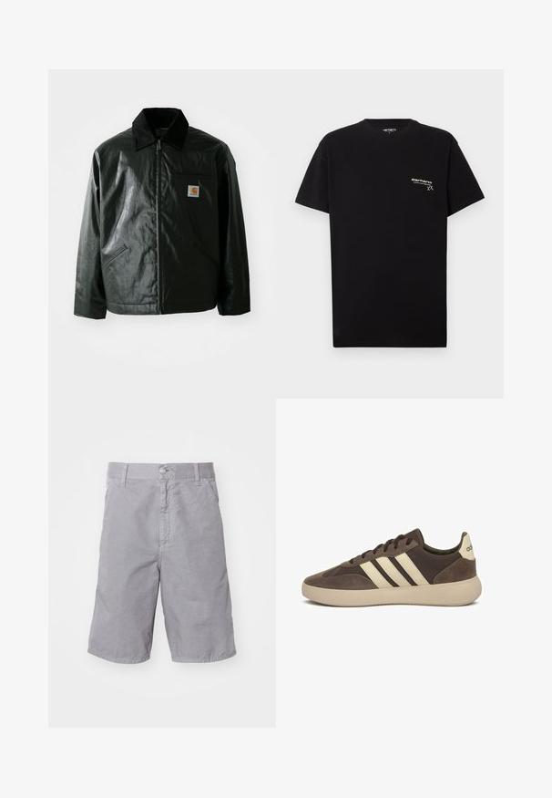 Zwarte ritssluiting jas van glad, glanzend materiaal. Heeft een corduroy kraag, twee voorzakken en een klein logo label op de borst.; Zwarte katoenen T-shirt met korte mouwen, ronde hals en een klein wit logo gedrukt op de linkerkant van de borst.; Grijze katoenen shorts met een knoopsluiting, een vlakke voorkant, zijzakken en een recht gesneden ontwerp. Zachte textuur en casual pasvorm.; Bruine suède sneaker met drie witte strepen, afgeronde neus, dikke rubberen zool en minimale branding op de hiel.