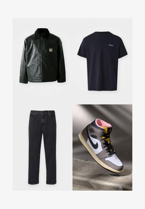 Veste noire zippée en matériau lisse et brillant. Elle dispose d'un col en velours côtelé, de deux poches avant et d'un petit écusson logo sur la poitrine.; T-shirt en coton noir à manches courtes, col rond, et un logo blanc subtil sur la poitrine gauche. Texture lisse, coupe standard.; Jeans noirs à coupe droite avec poches avant, passants de ceinture et fermeture à boutons, présentés sur un fond blanc.; Sneaker Nike Air Jordan montante en blanc, gris et noir avec un intérieur rose et une languette jaune, posé sur une surface en béton.