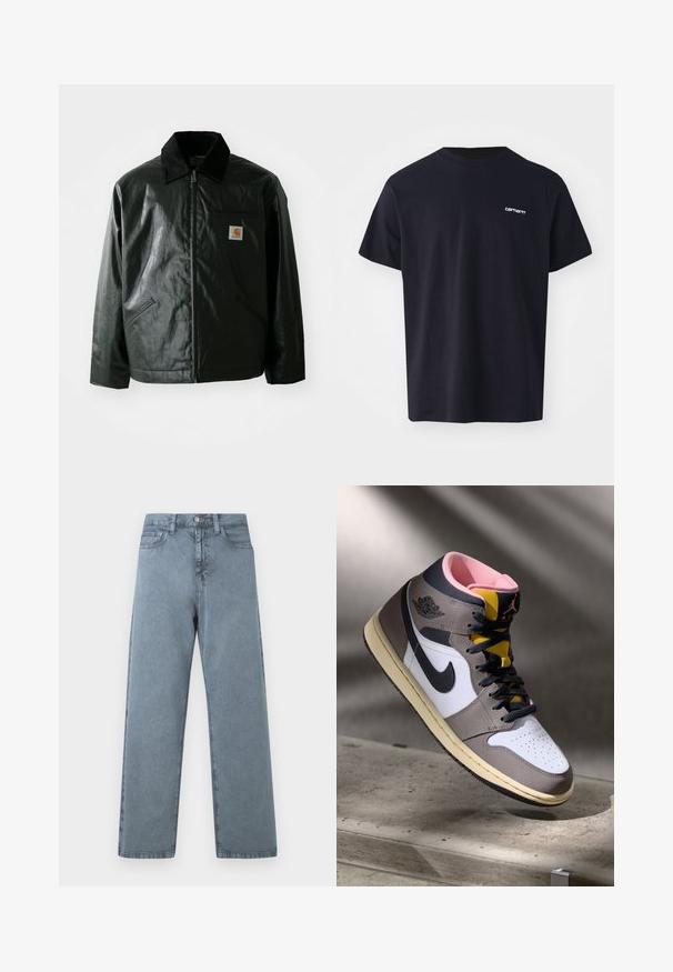 Casaco preto com fecho éclair, feito de material liso e brilhante. Apresenta um colarinho de veludo, dois bolsos frontais e um pequeno emblema no peito.; T-shirt de algodão preto com mangas curtas, gola redonda e um logo branco subtil na área do peito esquerdo. Textura suave, ajuste standard.; Jeans de denim azul claro com um design de perna reta, cinco bolsos, fecho de botão metálico e uma textura ligeiramente desbotada.; Tênis Nike Air Jordan de cano alto em branco, cinza e preto com interior rosa e língua amarela, posicionados sobre uma superfície de concreto.