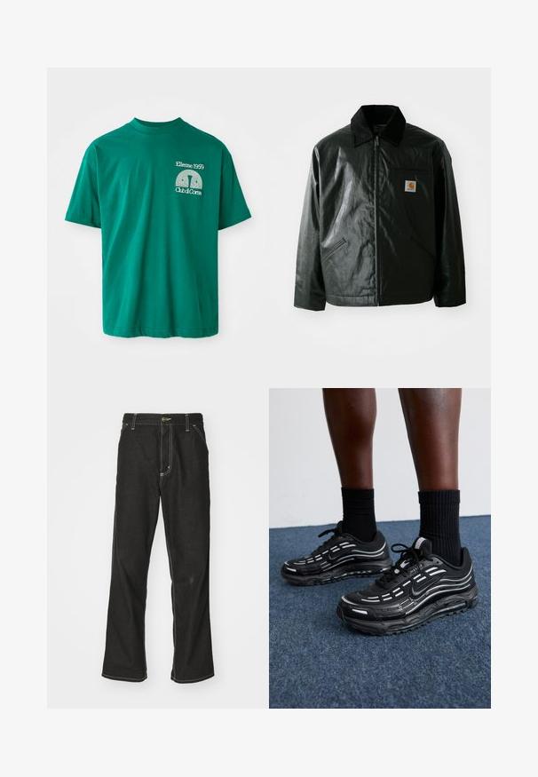 Chaqueta negra con cremallera hecha de un material liso y brillante. Presenta un cuello de pana, dos bolsillos frontales y un pequeño parche con el logo en el pecho.; Camiseta de algodón verde con escote redondo. Presenta un estampado gráfico en blanco que dice "Ellesse 1959 Club di Corsa" en el lado izquierdo del pecho.; Jeans de mezclilla negra con un corte holgado, que cuentan con costuras blancas contrastantes, cierre de botón y un diseño de pierna recta.; Las zapatillas Nike negras presentan una parte superior de malla con franjas de acento, cordones texturizados y una suela de goma negra. Se llevan con calcetines negros de canalé.