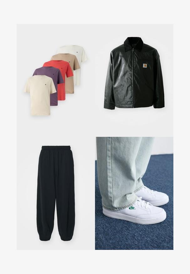 Jachetă neagră cu fermoar, confecționată dintr-un material neted și lucios. Prezintă un guler din catifea, două buzunare frontale și un mic logo brodat pe piept.; Set de cinci tricouri cu mânecă scurtă în bej, mov, roșu, maro și alb, cu un logo mic pe pieptul stâng. Fabricat din bumbac, cu gât rotund.; Pantaloni de trening negri, cu talie elastică, cu o croială lejeră, la baza pantaloni fiind strânși, având o textură netedă și fără modele sau accente metalice vizibile.; Adidași din piele albă cu logo-ul Nike verde, vârf rotund, talpă plată, asortați cu pantaloni din denim bleu deschis, prezentați pe un covor albastru.