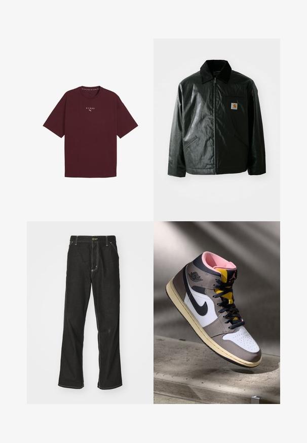 Czarna kurtka zapinana na zamek, wykonana z gładkiego, błyszczącego materiału. Posiada kołnierz z kordurowej tkaniny, dwie przednie kieszenie oraz małą naszywkę z logo na klatce piersiowej.; Bordowa bawełniana koszulka z okrągłym dekoltem, krótkimi rękawami i białym logo "HYROX" na piersi. Luźny krój o gładkiej fakturze.; Czarne dżinsy o luźnym kroju, z kontrastującymi białymi szwami, z zapięciem na guzik i prostą nogawką.; Wysokie sneakersy Nike Air Jordan w bieli, szarości i czerni z różowym wnętrzem i żółtym językiem, umieszczone na betonowej powierzchni.