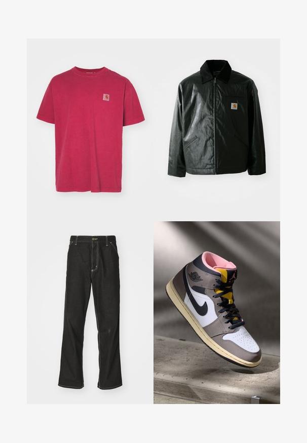 Fekete zipzáros dzseki sima, fényes anyagból. Kordbársony gallérral, két elülső zsebbel és egy kis logós felvarrással a mellkason.; Carhartt WIP VISTA - Basic póló - scarlet; Fekete farmernadrág laza szabással, kontrasztos fehér varrással, gombos záródással és egyenes lábmegoldással.; Fehér, szürke és fekete Nike Air Jordan magasszárú sneaker rózsaszín belső résszel és sárga nyelvvel, egy betonfelületen elhelyezve.