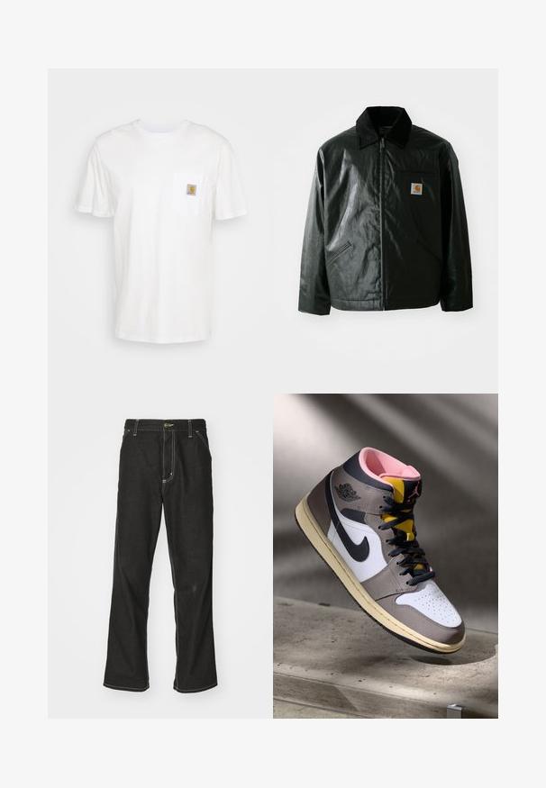 Jachetă neagră cu fermoar, confecționată dintr-un material neted și lucios. Prezintă un guler din catifea, două buzunare frontale și un mic logo brodat pe piept.; Tricou alb din bumbac, cu mâneci scurte, un buzunar la piept și o mică etichetă pătrată cu logo portocaliu și alb pe buzunar.; Jeans negri din denim, cu o croială largă, cu cusături albe contrastante, închidere cu nasture și un design cu picior drept.; Sneaker Nike Air Jordan de tip high-top, alb, gri și negru, cu interior roz și limbă galbenă, amplasat pe o suprafață din beton.