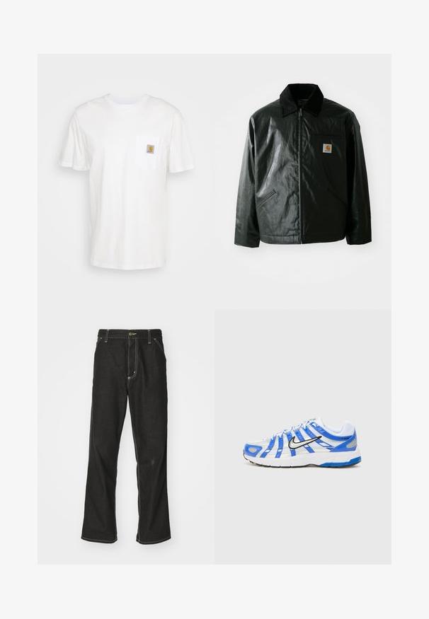Černá zipová bunda vyrobená z hladkého, lesklého materiálu. Má jemný manžetový límec, dvě přední kapsy a malou značkovou nášivku na hrudi.; Bílý bavlněný tričko s krátkými rukávy, kapsou na prsou a malou čtvercovou nášivkou v oranžové a bílé barvě na kapse.; Černé denimové džíny s volným střihem, s kontrastním bílým prošíváním, zapínáním na knoflík a rovnými nohavicemi.; Nike Sportswear P 6000 - Tenisky - blue/ silver-coloured/white