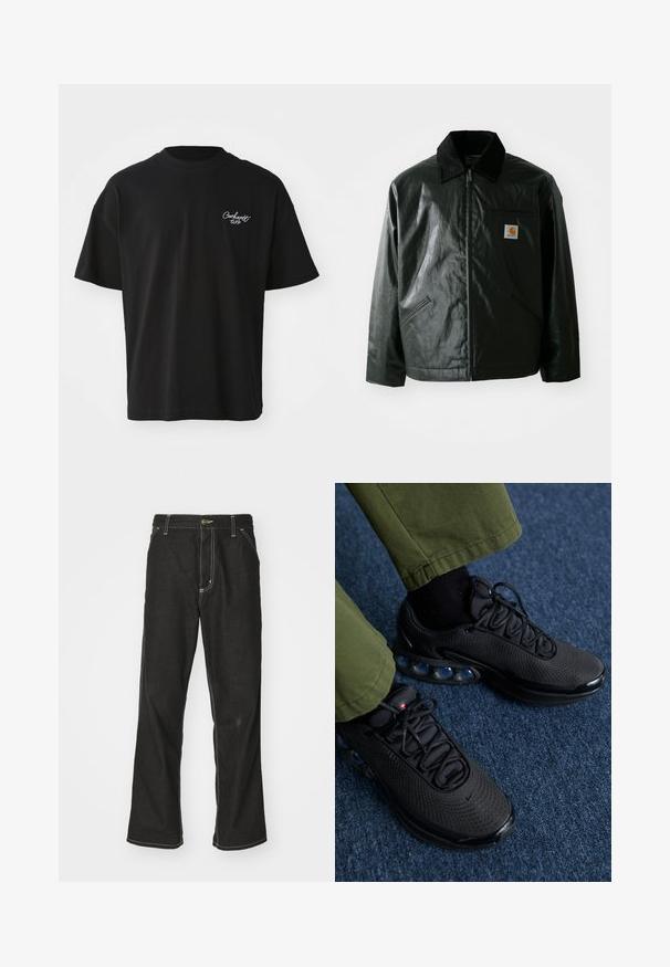 Zwarte ritssluiting jas van glad, glanzend materiaal. Heeft een corduroy kraag, twee voorzakken en een klein logo label op de borst.; Zwarte katoenen t-shirt met korte mouwen, ronde halslijn, met een wit geborduurd logo op de linkerborst. Standaard pasvorm, gladde textuur.; Zwarte denim jeans met een losse pasvorm, voorzien van contrasterende witte stiksels, een knoopsluiting en een recht ontwerp.; Zwarte sportschoenen met een bovenwerk van gaas, een gestructureerde oppervlakte en zichtbare luchtkussens. Gecombineerd met olijfgroene broeken en zwarte sokken.