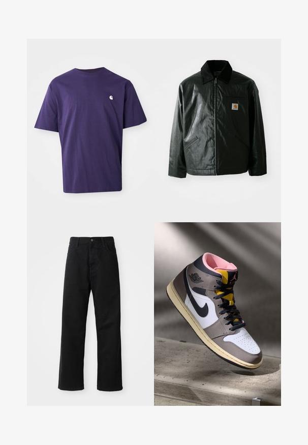 Černá zipová bunda vyrobená z hladkého, lesklého materiálu. Má jemný manžetový límec, dvě přední kapsy a malou značkovou nášivku na hrudi.; Fialové bavlněné tričko s kulatým výstřihem, krátkými rukávy a malým bílým logem na levé straně hrudi. Hladká textura, uvolněný střih.; Černé džínové kalhoty s rovný střih, s předními kapsami, zipovým zapínáním a jedním horním knoflíkem. Texturovaná látka s matným povrchem.; Bílé, šedé a černé vysoké tenisky Nike Air Jordan s růžovým interiérem a žlutým jazykem, umístěné na betonovém povrchu.