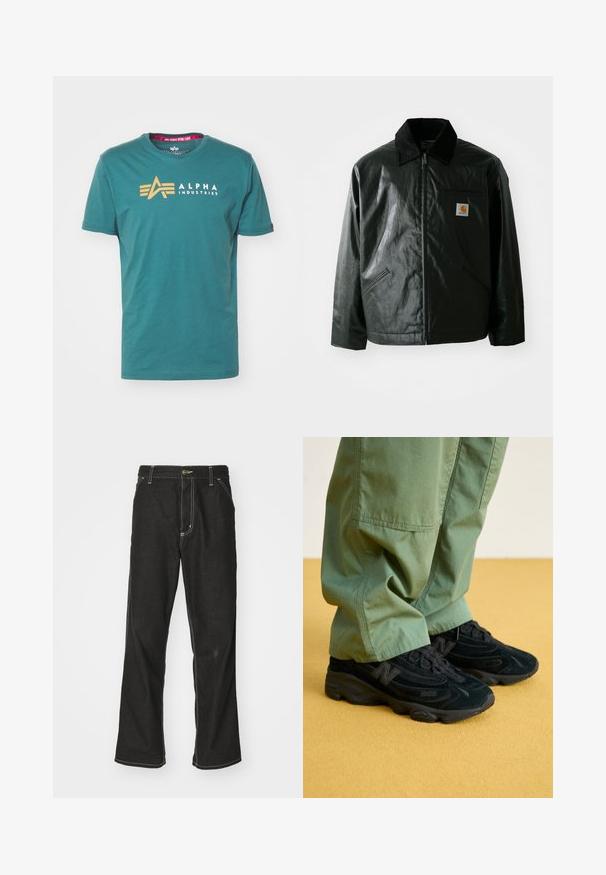 Juodas užtrauktuku užsegamas švarkas, pagamintas iš glotnaus, blizgaus medžiagos. Savybė - keteros apykaklė, dvi priekinės kišenės ir mažas logotipo ženklelis ant krūtinės.; Mėlyna medvilnės marškinėliai trumpomis rankovėmis. Priekyje yra auksinė logos ir tekstas "ALPHA INDUSTRIES". Klasikinis apvalus kaklo iškirpimas.; Juodi džinsai su laisvu siluetu, turintys kontrastingas balto siūlo siūles, mygtuko uždarymą ir tiesų kojos dizainą.; Juodos New Balance sportbačiai su tekstūruota viršutine dalimi, turinčiais išsiskiriančią logotipą ir paminkštintą padas, derinami su laisvomis žaliomis kelnėmis.
