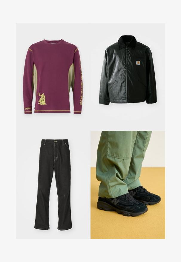 Black zip-up jacket made of smooth, shiny material. Features a corduroy collar, two front pockets, and a small logo patch on the chest.; Long-sleeve shirt in maroon with yellow accents, featuring a graphic print and mesh side panels for texture and breathability.; Black denim jeans with a loose fit, featuring contrasting white stitching, a button closure, and a straight leg design.; Black New Balance sneakers with a textured upper, featuring a prominent logo and cushioned sole, paired with loose green pants.