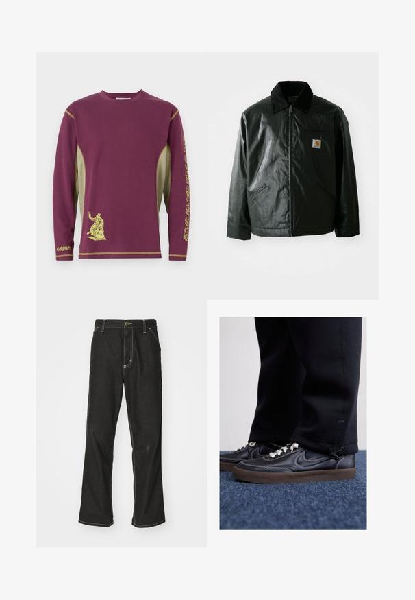 Black zip-up jacket made of smooth, shiny material. Features a corduroy collar, two front pockets, and a small logo patch on the chest.; Long-sleeve shirt in maroon with yellow accents, featuring a graphic print and mesh side panels for texture and breathability.; Black denim jeans with a loose fit, featuring contrasting white stitching, a button closure, and a straight leg design.; Nike Sportswear KILLSHOT 2 LTR PRM OPP2 - Trainers - black sail baroque brown mtlc dk grey