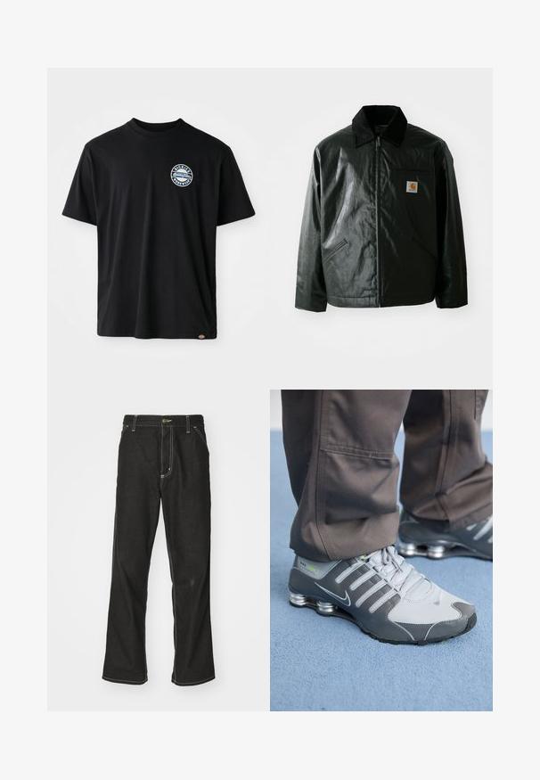 Čierna bundu na zips vyrobenú z hladkého, lesklého materiálu. Obsahuje kordový golier, dve predné vrecká a malú nášivku s logom na hrudi.; Čierne bavlnené tričko s okrúhlym logom na hrudi. Krátke rukávy a dizajn s okrúhlym výstrihom, priama línia na spodnom leme.; Čierne denimové nohavice s voľným strihom, s kontrastným bielym prešívaním, uzáverom na gombík a rovnými nohavicami.; Šedé a strieborné tenisky Nike Shox majú elegantný dizajn, kombináciu sieťoviny a syntetických materiálov, zaoblenú špičku a polstrovaný golier.