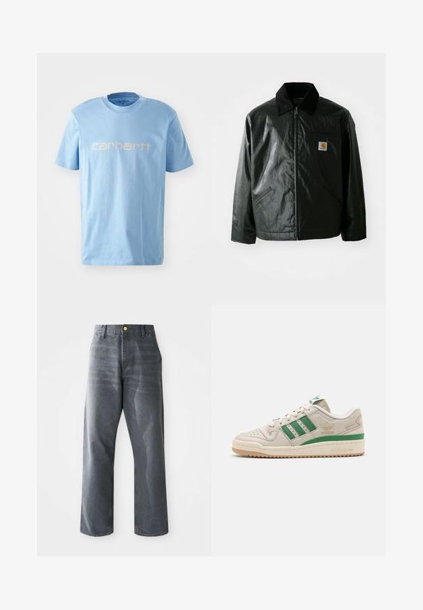 Schwarze Zip-Jacke aus glattem, glänzendem Material. Verfügt über einen Cordkragen, zwei Fronttaschen und ein kleines Logo-Patch auf der Brust.; Hellblaues Baumwoll-T-Shirt mit Rundhalsausschnitt und kurzen Ärmeln. Zeigt das "carhartt"-Logo in Weiß über der Brust.; Lockere Herren-Jeans aus grauem Denim mit weitem Bein, vorderen Taschen und einem sichtbaren goldenen Knopf am Bund.; Adidas-Sneaker mit einem Obermaterial aus beigem Leder, grünen Streifen und einer Gummisohle. Verfügt über einen gepolsterten Kragen und eine perforierte Zehenpartie für Atmungsaktivität.