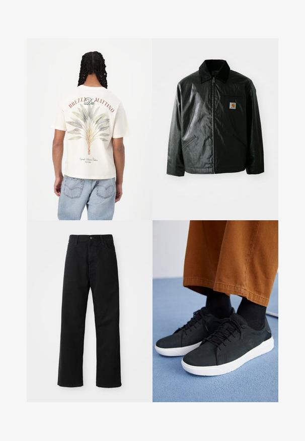 Černá zipová bunda vyrobená z hladkého, lesklého materiálu. Má jemný manžetový límec, dvě přední kapsy a malou značkovou nášivku na hrudi.; Krátký rukáv krémového trička s designem zeleného a modrého listu na zádech, s červeným textem "BREZL Del MATTINO" nad ním.; Černé džínové kalhoty s rovný střih, s předními kapsami, zipovým zapínáním a jedním horním knoflíkem. Texturovaná látka s matným povrchem.; Černé semišové tenisky s bílými gumovými podešvemi, s šněrovacím designem, texturovanými detaily a jemným logem, spárované s hnědými kalhotami.