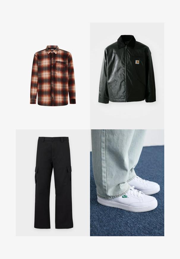 Must mustaga, läikiva materjaliga musta värvi jakk. Omab kordonilõikega kraed, kahte esikäe taskut ja väikest logo sildi rinnal.; Punane ja must ruuduline flanellpaita, millel on nööbid alla, pikad varrukad ja eest tasku. Pehme tekstuur ja ruuduline muster.; Mustad mustad püksid sirge lõikega disainiga. Valmistatud vastupidavast kangast, millel on kaks külgtaskut klappidega ja nupuvajutusega esiosa.; Valged nahast tennisetossud rohelise Nike logo ja ümarate varvastega, lamedate taldadega, koos helesiniste teksapükstega, esitatud sinisel vaibal.