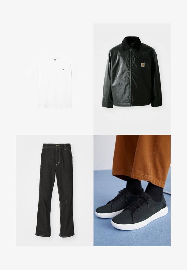 Black zip-up jacket made of smooth, shiny material. Features a corduroy collar, two front pockets, and a small logo patch on the chest.; White short-sleeve crew-neck t-shirt with small circular logo featuring a black "W" on the left chest area.; Black denim jeans with a loose fit, featuring contrasting white stitching, a button closure, and a straight leg design.; Black suede sneakers with white rubber soles, featuring lace-up design, textured accents, and subtle branding, paired with brown pants.