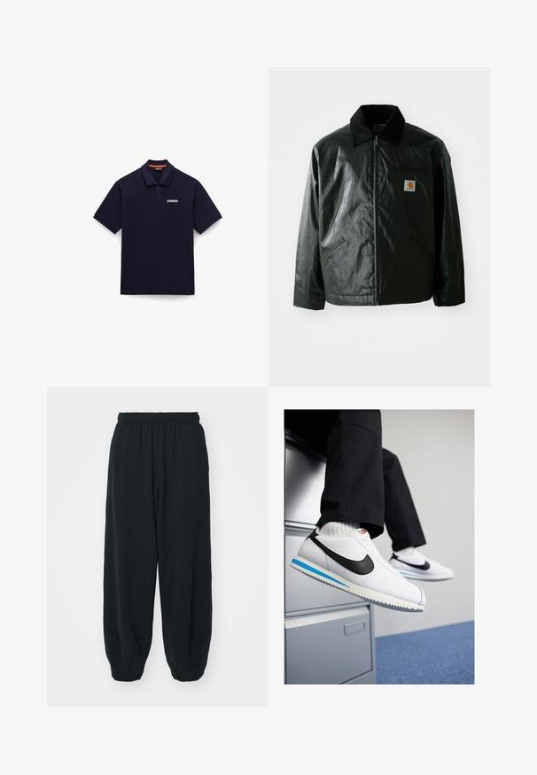 Must mustaga, läikiva materjaliga musta värvi jakk. Omab kordonilõikega kraed, kahte esikäe taskut ja väikest logo sildi rinnal.; Tumesinise polo särk, mis on valmistatud siledast kangast. Omab klassikalist kraed, lühikesi varrukaid ja väikest logo ees.; Mustade elastse vöökoha ja laia lõikega dressipüksid, mansetiga sääred, sile tekstuur ning ilma nähtavate mustrite või detailideta.; Valged nahast tossud musta Nike'i logoga, helesinise ja halli kummist tallaga ning klassikalise lipsuvariantiga. Jalad restingud dokumendikapil.