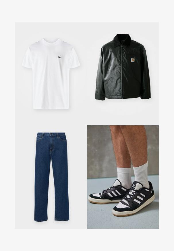 Juodas užtrauktuku užsegamas švarkas, pagamintas iš glotnaus, blizgaus medžiagos. Savybė - keteros apykaklė, dvi priekinės kišenės ir mažas logotipo ženklelis ant krūtinės.; Balta medvilnė marškinėliai su klasikiniu apvaliu kaklu ir trumpomis rankovėmis, ant kairės krūtinės yra mažas juodas "OBEY" logotipas.; Tamsiai mėlynos tiesaus žandikaulio džinsai su priekinėmis kišenėmis ir mygtuko uždarymu, rodantys ant paprasto balto fono.; Juodos ir baltos sportinės bateliai su zomšiniu ir odiniu viršumi, su trimis baltomis juostelėmis, perforuota koja ir guminėmis padais.